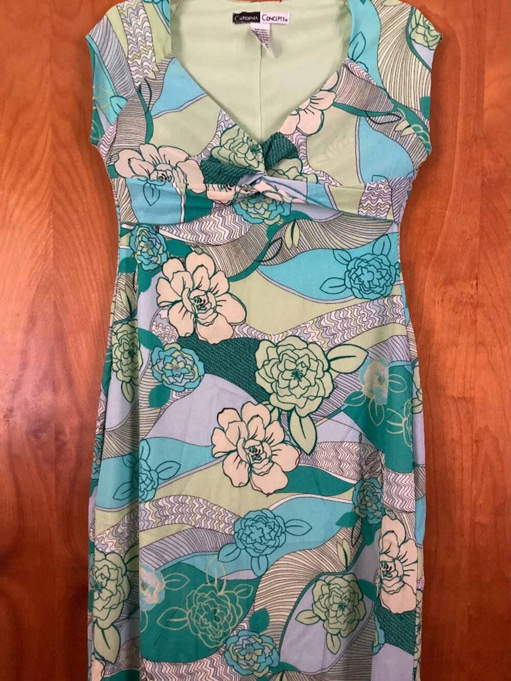 California Concepts vibrant teal, green, and cream floral patten dress M